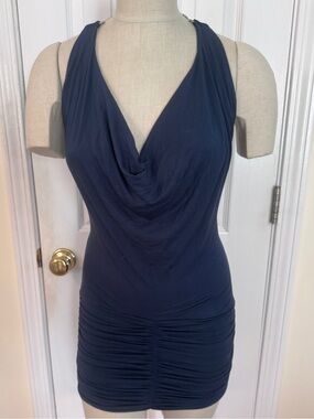 SKY Midnight Blue Rhinestone Chain Back Ruched Mini Dress XS NWT Y2K Party Vegas